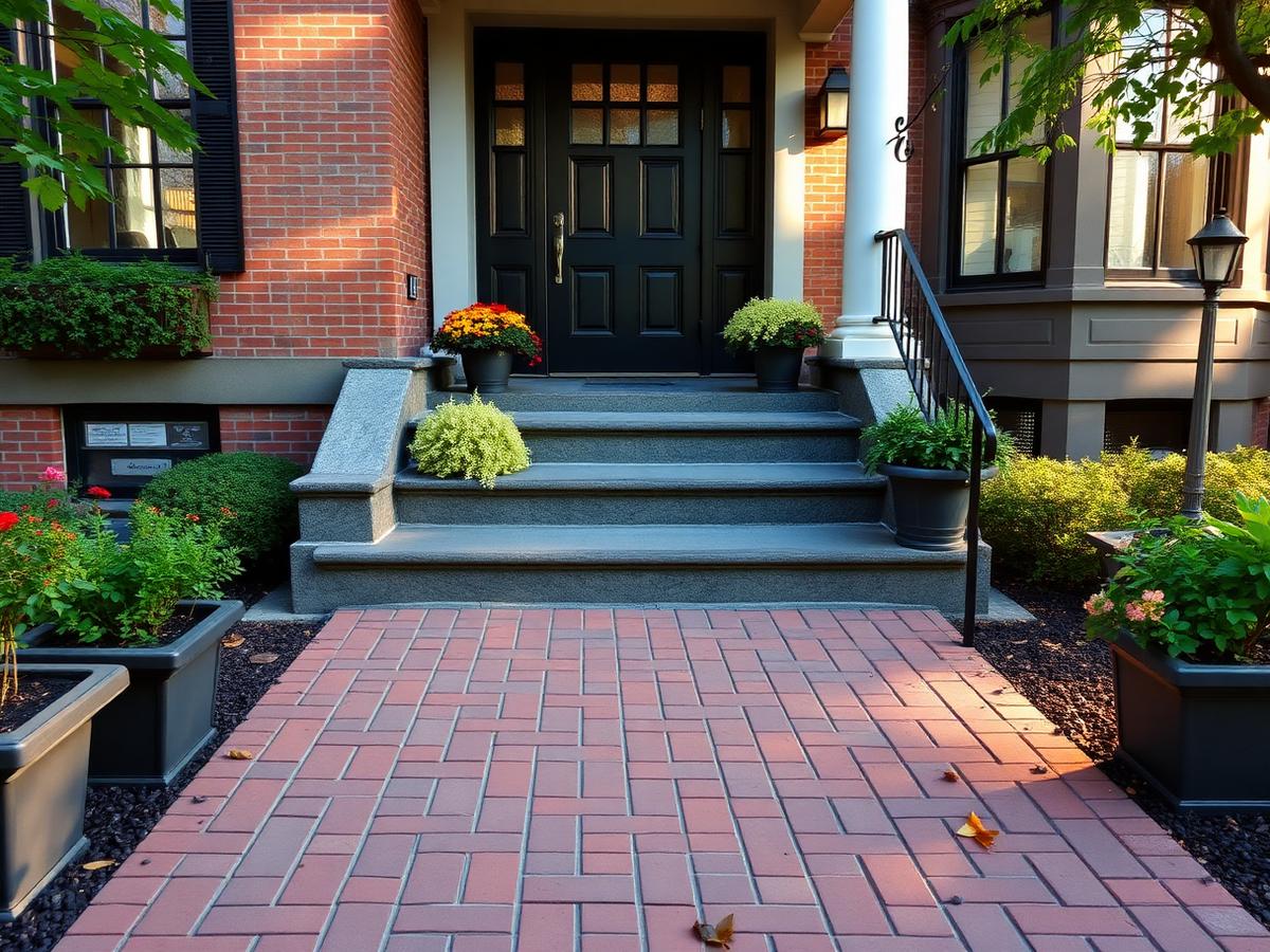 Crafted brick walkway and granite steps at a Boston-area home